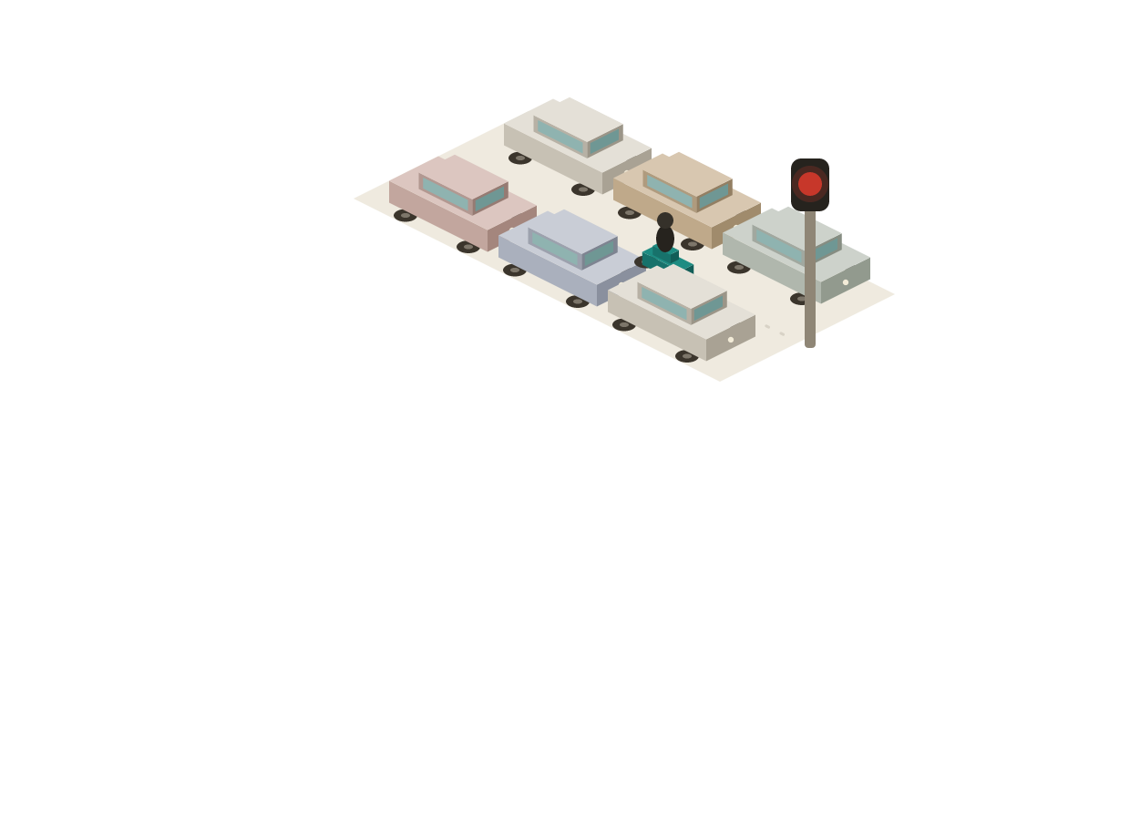 Isometric view of a motorcycle filtering between two rows of stopped cars toward a red light.