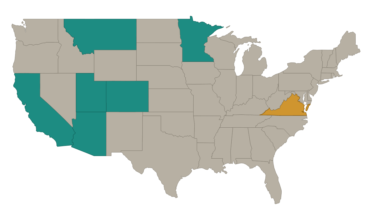 Map of the United States with California, Utah, Montana, Arizona, Colorado, and Minnesota filled in teal as the states that allow lane filtering, and Virginia highlighted in amber as the state being asked to follow.